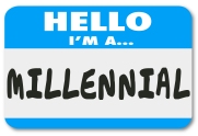 Hello I'm a Millennial words on a nametag or sticker to illustrate a young person in the demographic group interested in mobile technology, texting and social networking